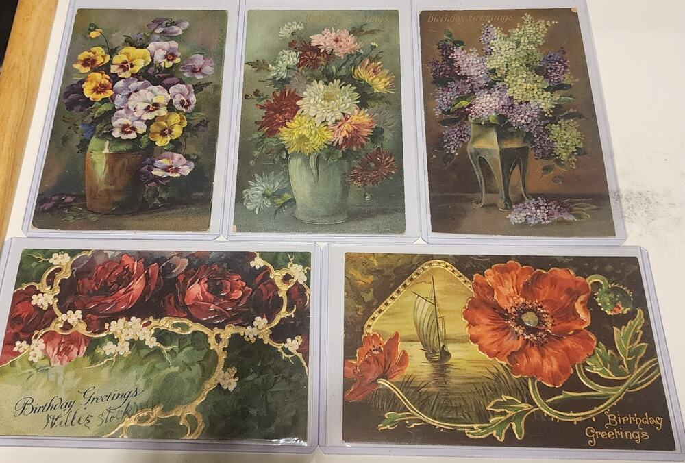 Lot Of Five Vintage Antique Embossed Postcards Flowers